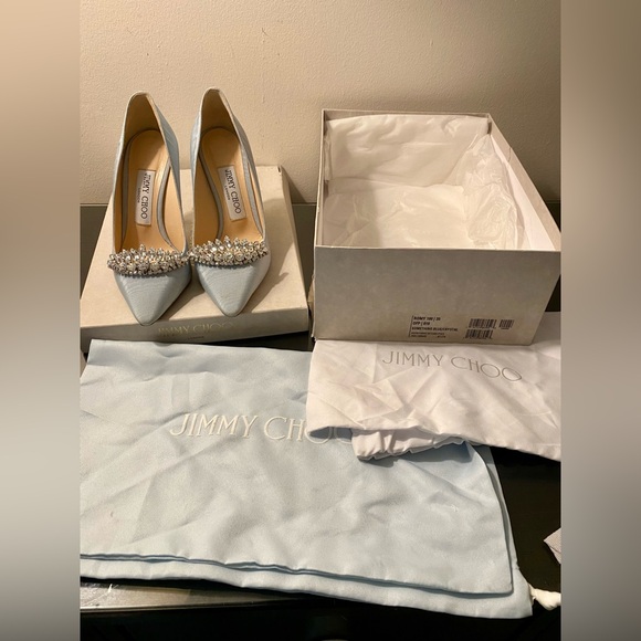 Jimmy Choo Romy 100 “Something Blue” Bridal Crystal Tiara Sz 35 Dust Bag Box - Picture 6 of 15